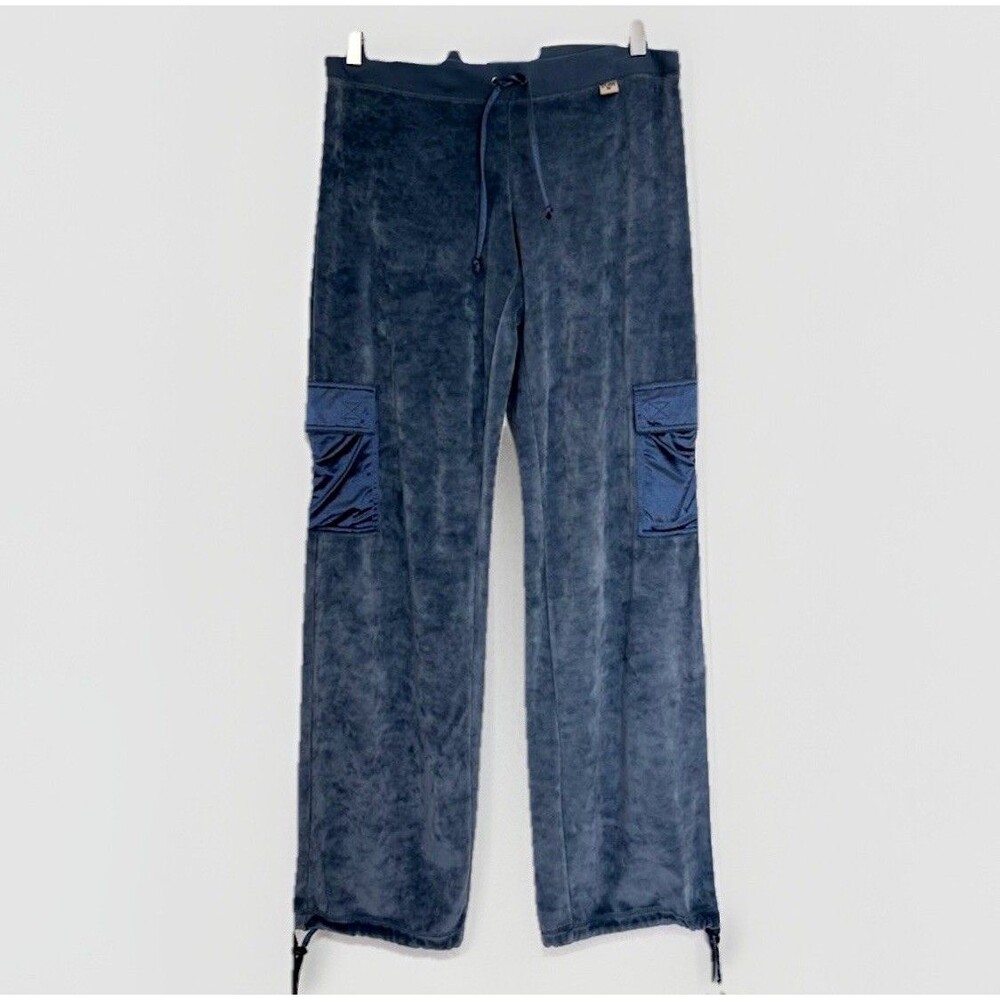 Y2K Vintage Womens Velour Pants L Blue Low Rise Cargo Joggers 90s Made in Russia